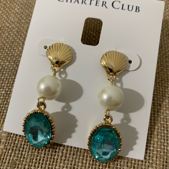 Charter Club Goldtone /Pearl/Aqua Earrings - Picture 6 of 9